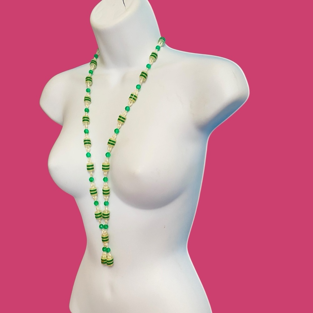 Vintage Button Necklace Green Faux Rice Pearls Beads Kitschy Granny Crafts  32"